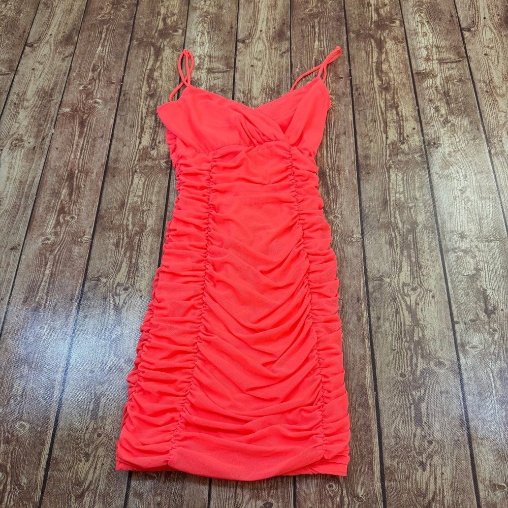 Lucy In The Sky Ruched Mesh Bodycon Dress Womens Extra Small Neon Pink Mini